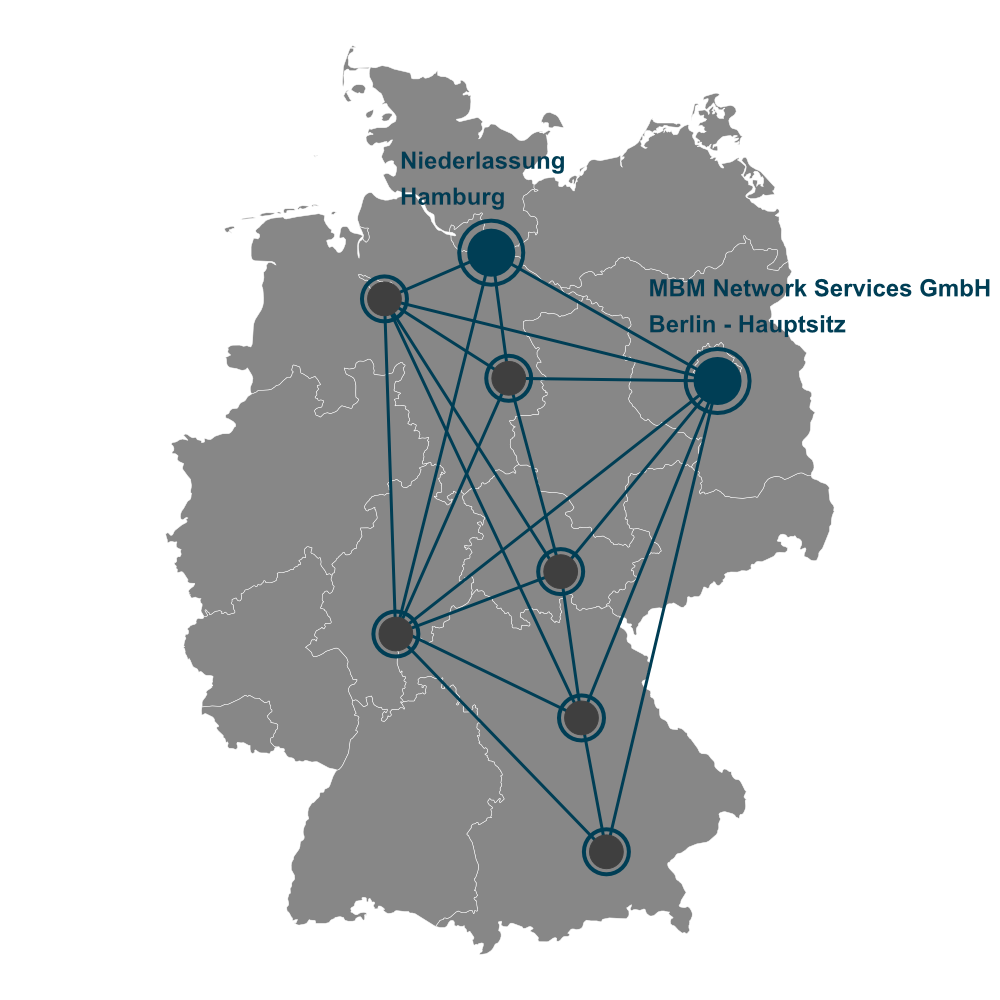 Deutschlandweit im Einsatz für Telekommunikation und Netzwerktechnik Standortnetz der MBM Network Services GmbH mit Hauptsitz Berlin, Niederlassung Hamburg und deutschlandweiter Vernetzung.