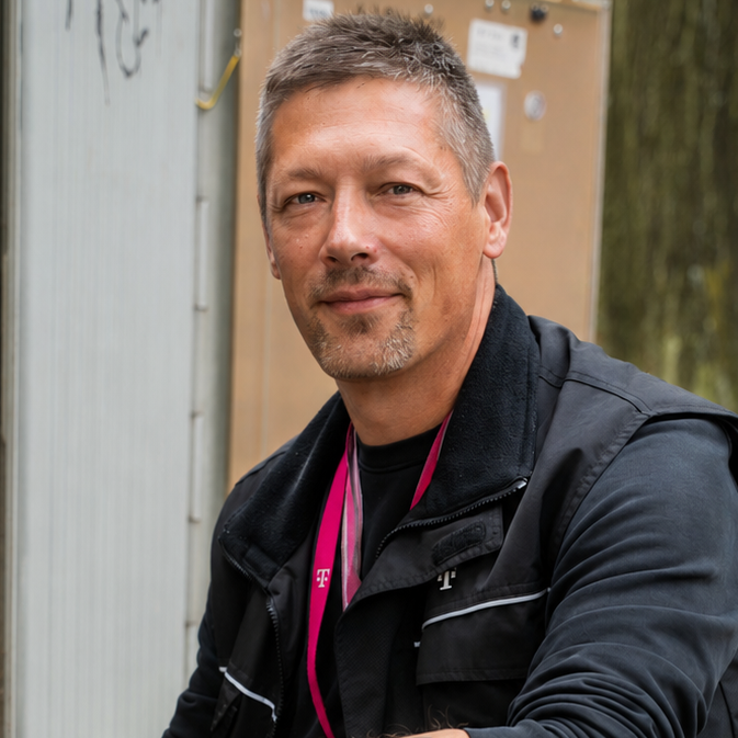 Fachkraft für Glasfasermontage, Telekommunikation und moderne Netzwerkinfrastruktur im Außeneinsatz.